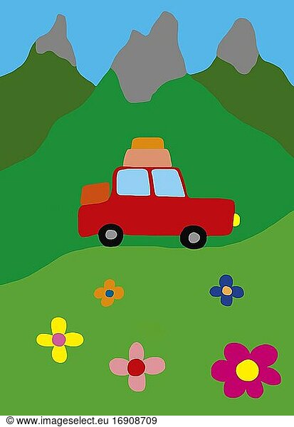 Naive illustration  children drawing  car and flowers in mountain  Austria  Europe