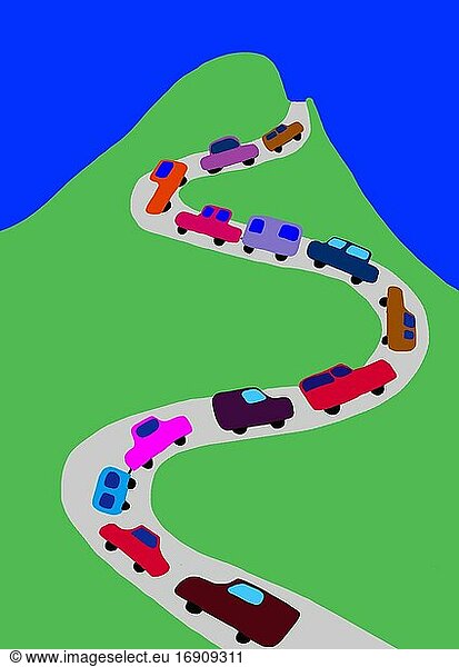 Naive illustration  children drawing  cars driving on a mountain road  Austria  Europe
