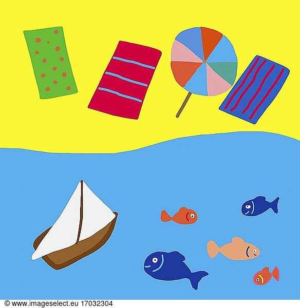 Naive illustration  children drawing  sandy beach by the sea with sailboat beach chairs and fishes