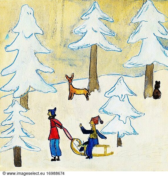Naive illustration  children drawing  sleigh ride in forest