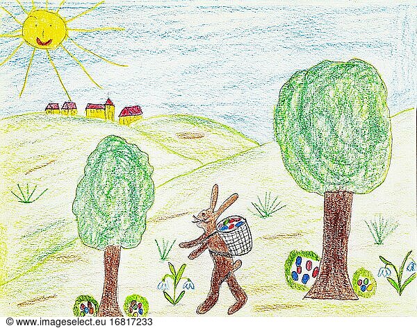 Naive illustration  children's drawing  Easter bunny hides Easter eggs  Easter  Austria  Europe