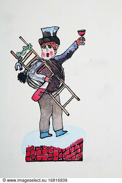 Naive illustration  children's drawing  New Year's Eve  lucky charm  chimney sweep