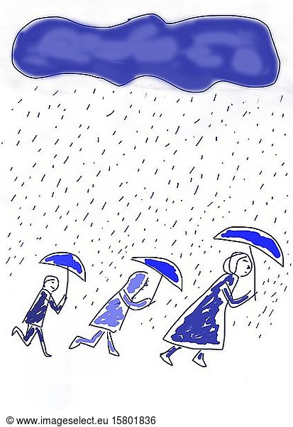 Naive Illustration  Kinderzeichnung  Menschen mit Regenschirmen gehen durch den Regen  Deutschland  Europa