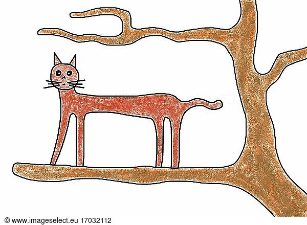 Naive Illustration  Kinderzeichnung  Raubkatze steht auf einem Baum  Österreich  Europa