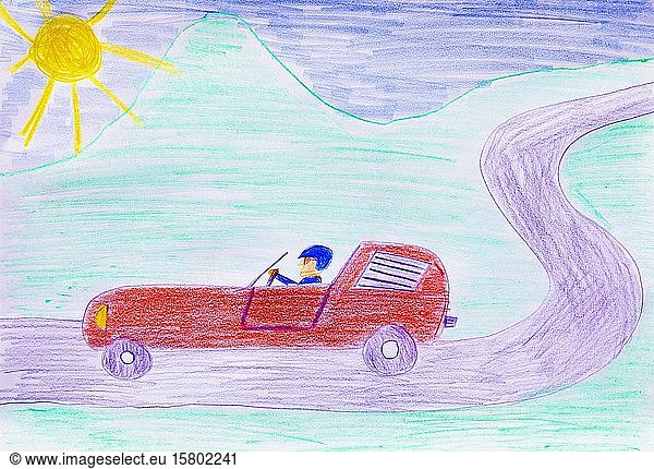 Naive Illustration  Kinderzeichnung  Sportwagen  Autorennen  Deutschland  Europa