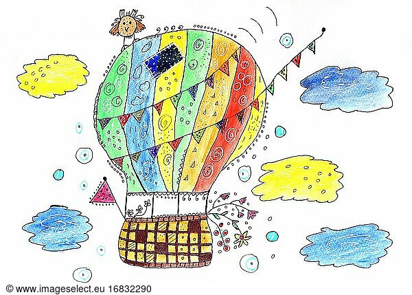Naive painting  hot air balloon ride