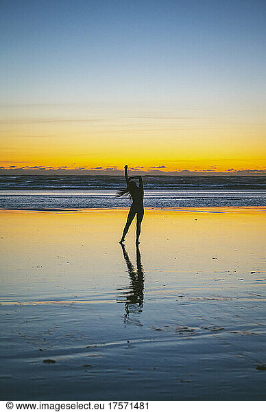 Naked female posing on the beach at sunset