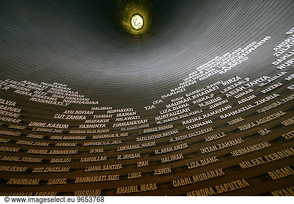 Names of victims of the 2004 tsunami in the Aceh Tsunami Museum  Banda Aceh  Indonesia  Asia