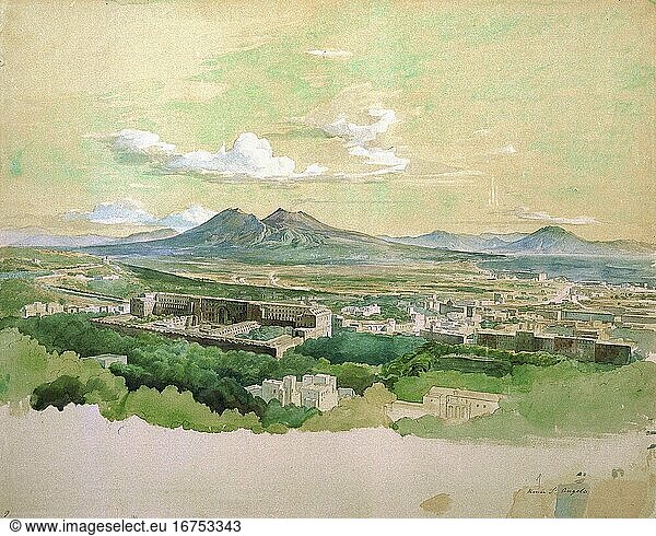 Naples – Napoli (Italy). “Naples with Vesuvius and Monte St. Angelo . Watercolour  1825 or after 1826  by Johann Heinrich Schilbach (1798–1851).
Watercolour over pencil on white paper 
stretched onto grey card (no size details known).
Inv. HZ 691
Darmstadt  Hessisches Landesmuseum.