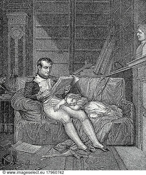Napoleon Bonaparte  Kaiser Napoleon I. 15. August 1769  5. Mai 1821  war ein französischer General  revolutionärer Diktator und Kaiser mit seinem Sohn  dem König von Rom  digitale verbesserte Reproduktion eines Originaldrucks von 1880