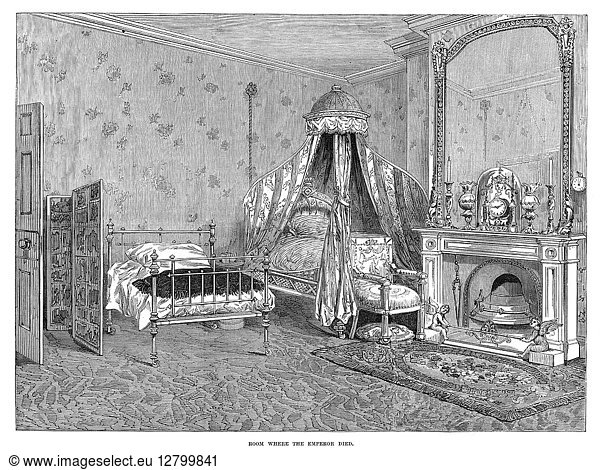 NAPOLEON III (1808-1873). Emperor of the French  1852-1871. Bedroom at the home in Camden Place  Chislehurst  England in which the emperor died on 9 January 1873. Contemporary English engraving.