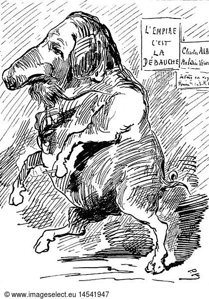 Napoleon III.  20.4.1808 - 9.1.1873  Kaiser von Frankreich 2.12.1852 - 2.9.1870  Karikatur  'Seine MajestÃ¤t Schweinskopf III.'  Xylografie nach Zeichnung  Frankreich  um 1860