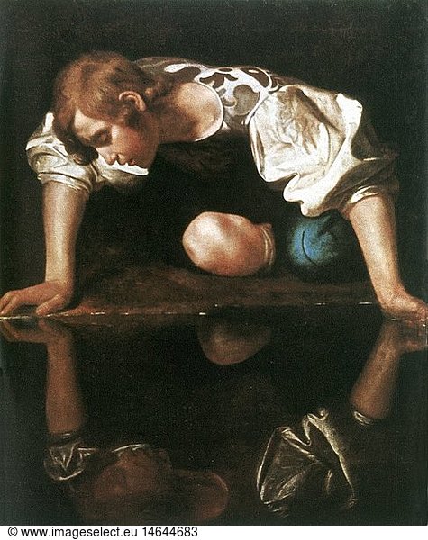 NarziÃŸ  Gestalt der griech. Mythologie  Halbfigur  verliebt in sein Spiegelbild  GemÃ¤lde von Michelangelo Merisio da Caravaggio (um 1562 - 1609) NarziÃŸ, Gestalt der griech. Mythologie, Halbfigur, verliebt in sein Spiegelbild, GemÃ¤lde von Michelangelo Merisio da Caravaggio (um 1562 - 1609),