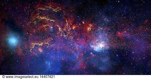 NASA"s Great Observatories Examine the Galactic Center Region. November 10  2009: A never-before-seen view of the turbulent heart of our Milky Way galaxy. The composite image features the spectacle of stellar evolution: from vibrant regions of star birth  to young hot stars  to old cool stars  to seething remnants of stellar death called black holes. This activity occurs against a fiery backdrop in the crowded  hostile environment of the galaxy"s core  the center of which is dominated by a supermassive black hole nearly four million times more massive than our Sun. Permeating the region is a diffuse blue haze of X-ray light from gas that has been heated to millions of degrees by outflows from the supermassive black hole as well as by winds from massive stars and by stellar explosions. cocoons.