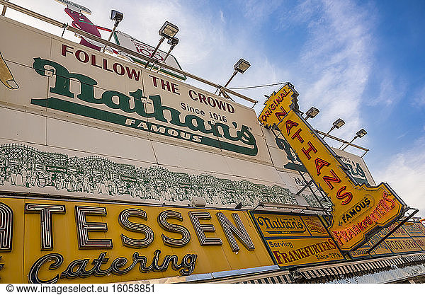 Nathan's Famous hot dogs; Coney Island  Brooklyn  New York  United States of America