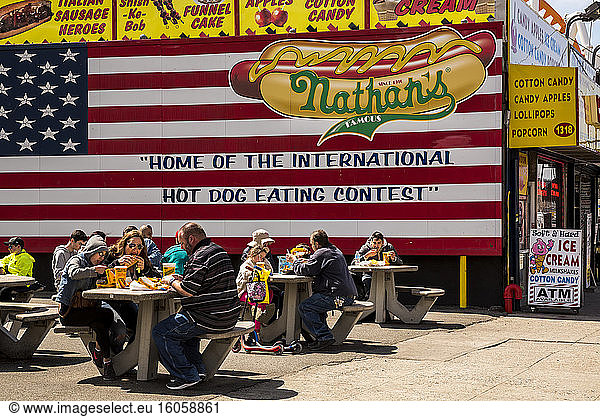 Nathan's Famous hot dogs; Coney Island  Brooklyn  New York  United States of America