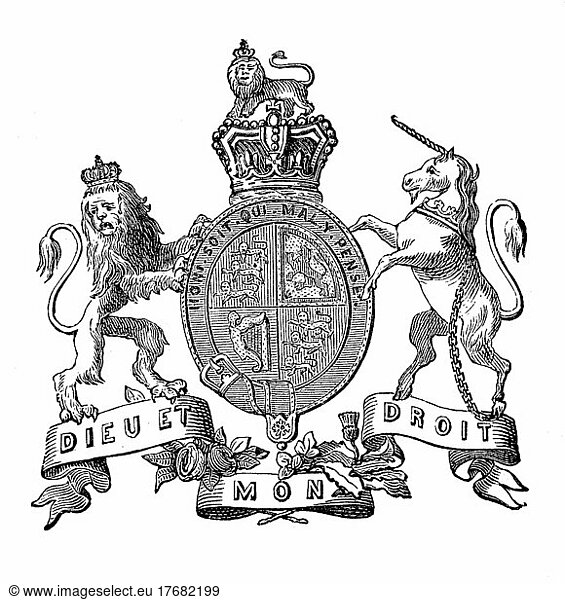 National Coat of Arms  Coat of Arms from 1890  Great Britain  digitally restored reproduction of an original template from the 19th century  exact original date unknown