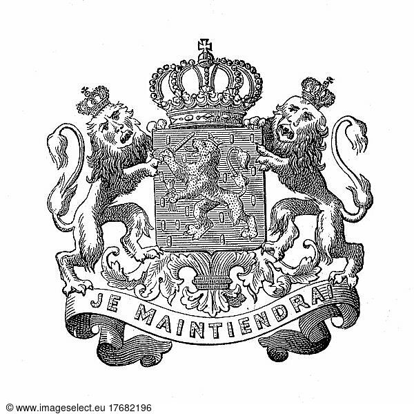 National coat of arms  coat of arms from 1890  Netherlands  digitally restored reproduction of an original template from the 19th century  exact original date not known
