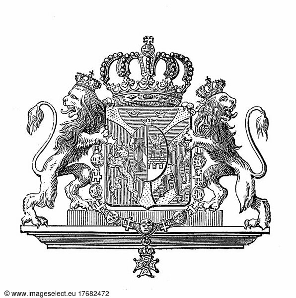 National Coat of Arms  Coat of Arms from 1890  Sweden and Norway  digitally restored reproduction of an original template from the 19th century  exact original date unknown