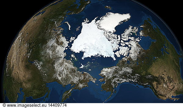 National Snow and Ice Data Centre observations of the Arctic Sea ice coverage in 2008  the second-lowest amount recorded. Credit NASA: Science Earth Geology Oceanography