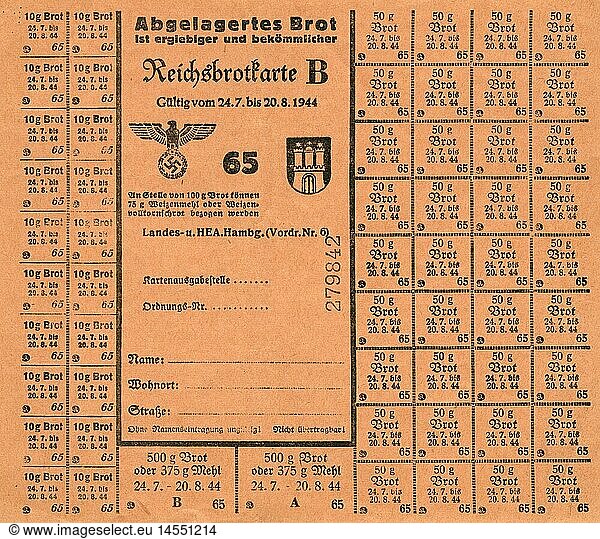 National Socialism  documents  Hamburg  the time of the Second World War and the Third Reich  food ration card for bread  valid from 24.07. to 20.08.1944 World War II  the German Reich  National Socialism  food  rationing  providing  poverty  plight  misery  economy  swastika  only for journalistic or academic use  Germany  historic  historical  clipping  cut out  cut-out  cut-outs  20th century  1940s