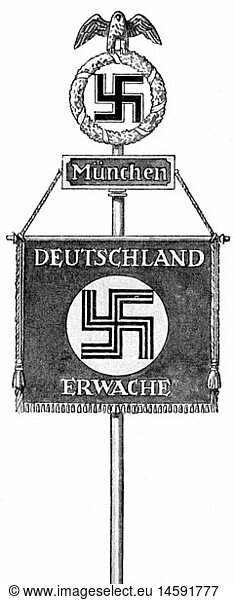 National Socialism / Nazism  1933 - 1945  organisations  Sturmabteilung (SA)  standard  Munich  'Germany Awake'  illustration