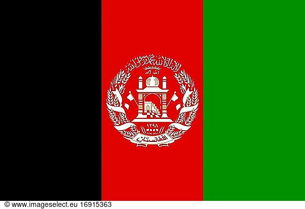 Nationalflagge der Islamischen Republik Afghanistan mit Wappen.