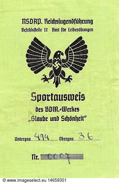 Nationalsozialismus  Dokumente  Bund deutscher MÃ¤del (BDM)  Sportausweis des BDM - Werkes 'Glaube und SchÃ¶nheit'  ausgestellt Augsburg  15.6.1942