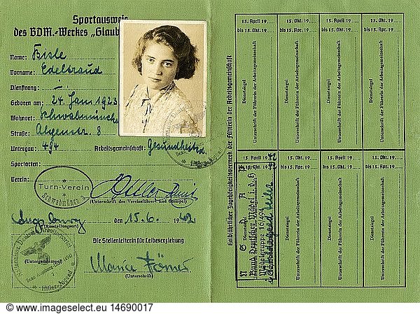 Nationalsozialismus  Dokumente  Bund deutscher MÃ¤del (BDM)  Sportausweis des BDM - Werkes 'Glaube und SchÃ¶nheit'  fÃ¼r Edeltraud Bisle  ausgestellt Augsburg  15.6.1942