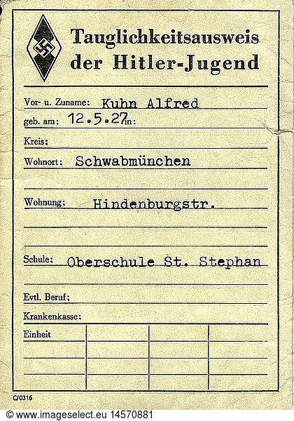 Nationalsozialismus  Dokumente  Hitler - Jugend  Tauglichkeitsausweis  fÃ¼r Alfred Kuhn  SchwabmÃ¼nchen  1943
