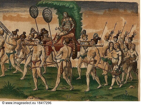 Native Americans carry their future queen on a palanquin. In front of them walk men playing musical instruments like a trumpet  followed by woman carrying baskets of fruit and soldiers with spears. Two men fan her with air and the bearers hold forked sticks. Contains tattoos  Historic  digitally restored reproduction of an original from the period