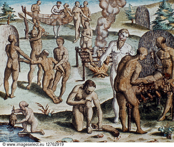 NATIVE INDIANS OF BRAZIL  1592. Scene of cannibalism among the Tupinamba Native Indians of Brazil. Line engraving  1592  by Theodor de Bry.