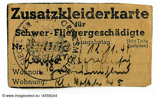 Nazism / National Socialism  documents  additional ration card for clothes  issued to bombed out people  12.11.1944