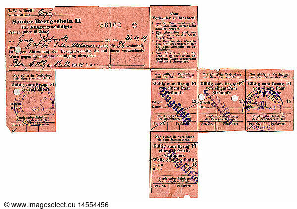 Nazism / National Socialism  documents  ration card for clothes  issued to bombed out people  Berlin  19.12.1944