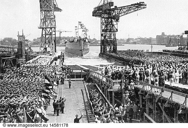 Nazism / National Socialism  military  navy  launching of the warship 'Admiral Graf Spee'  navy yard Wilhelmshaven  30.6.1934