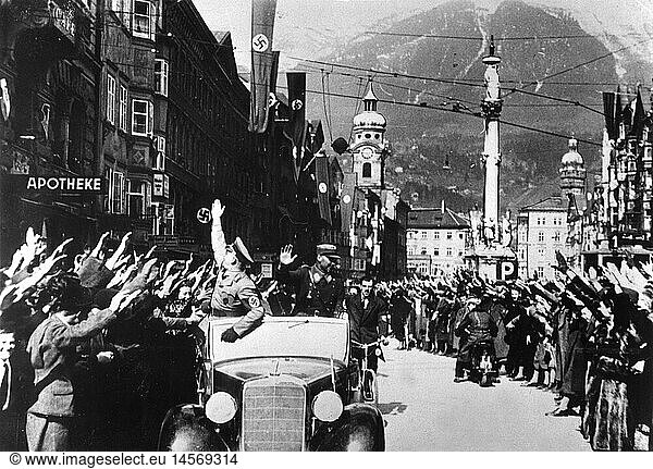 Nazism / National Socialism  politics  annexation of Austria 1938  arrival of NSDAP officials in Innsbruck  Maria-Theresien-Strasse  12.3.1938  Nazi Germany  Third Reich  Anschluss  occupation  flag  banner  swastika  20th century  historic  historical  Maria Theresien Strasse  people  1930s