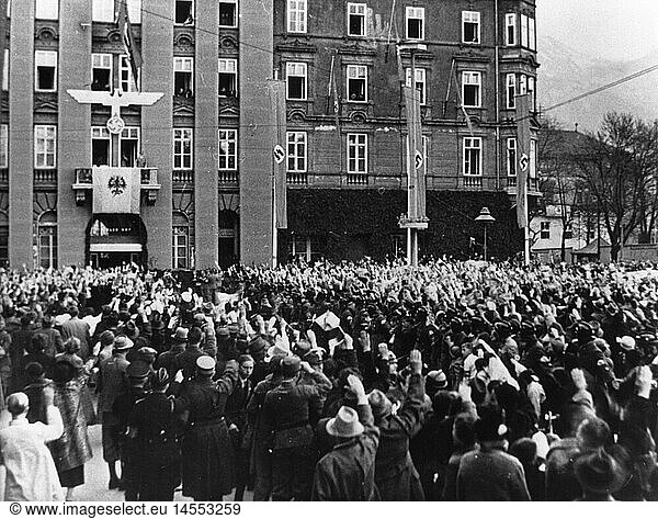 Nazism / National Socialism  politics  annexation of Austria 1938  cheering crowd in front of Hotel 'Tiroler Hof'  Innsbruck  late March 1938  Adolf Hitler on the balcony