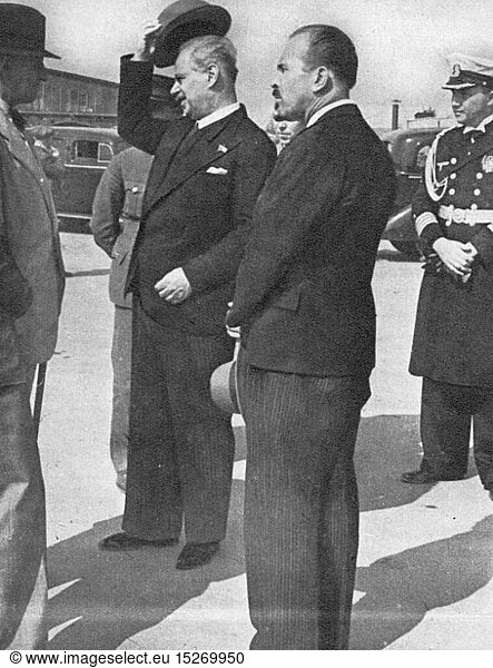 Nazism / National Socialism  politics  German - Soviet non-aggression treaty  1939  of the Soviet assistant commissary of the exterior Vladimir Potyomkin (drawing the hat)  chief of protocol Vladimir Barkow (centre) and the German navy attache commander Norbert von Baumbach (right) are waiting for the arrival from Foreign Minister of the Reich Joachim von Ribbentrop  Moscow  23.8.1939  politics  policy  non-aggression treaty  non-aggression pact  nonaggression pact  assistant  assistants  drawing  draw  hat  hats  centre  center  centres  centers  Moscow  Moskva  historic  historical  German Soviet  Molotov-Ribbentrop Pact  Hitler - Stalin - pact  Ribbentrop Molotov Pact  Ribbentrop - Molotov - pact  Molotov-Ribbentrop Pact  Potemkin  airport  diplomacy  foreign policy  Russia  Soviet Union  USSR  Germany  German Reich  German Reich  people  20th century  airport  airports  foreign policy  external policy  USSR  Union of Socialist Soviet Republics  third  3rd
