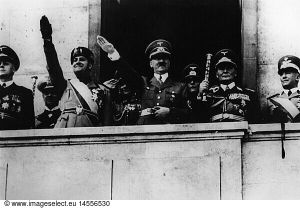 Nazism / National Socialism  politics  treaty  signing of the Stahlpakt (Pakt of Steel) with Italy  22.5.1939  Hermann Goering  Chancellor of the Reich Adolf Hitler  Foreign Minister of Italy Galeazzo Ciano  Foreign Minister of the Reich Joachim von Ribbentrop  balcony of the Chancellery of the Reich  Berlin  foreign policy  external policy  diplomacy  axis Rome-Berlin  Axis Powers  fascism  alliance  treaties  alliance treaty  Fuehrer  dictator  dictators  President of the Reich 1934 - 1945  Germany  German Reich  Third Reich  1930s  30s  20th century  historic  historical  Goring  GÃ¶ring  people