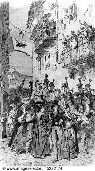 Neapolitan War 1815  entry of the Austrian troops under general Vinzenz von Bianchi in Naples  22.5.1815  wood engraving after drawing by Joseph Welser  19th century  Neapolitanian war  Napoleonic Wars  Hundred Days  Italy  Austrian  Austrian army  welcome  populace  Kingdom of Naples  Austrian Empire  Bourbon Restauration  soldiers  soldier  people  street  streets  alley  alleys  alleyway  balcony  balconies  cheer  cheers  jubilation  jubilance  entry  marching in  general  generals  Vinzenz  Vincent  historic  historical