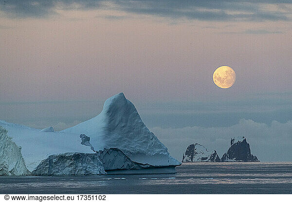 Nearly full moon setting over small islands and icebergs off the Trinity Peninsula  Antarctica  Polar Regions