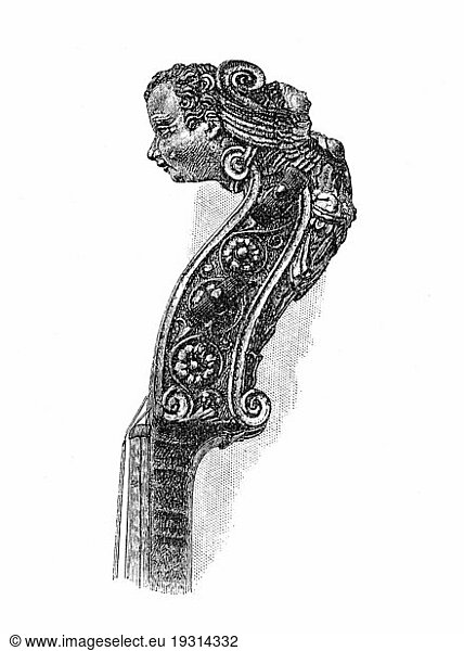 Neck and scroll of Ole Bulls Gaspar Di Salo violin. Originally published January 1881 in Harper?s New Monthly Magazine
