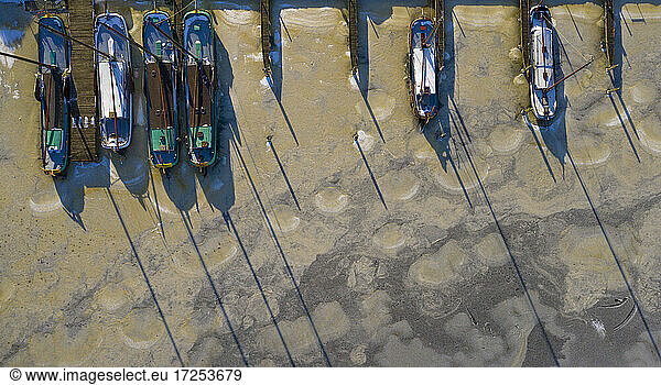 Nederland  Sloten  Overhead view of sailboats moored at marina in frozen water