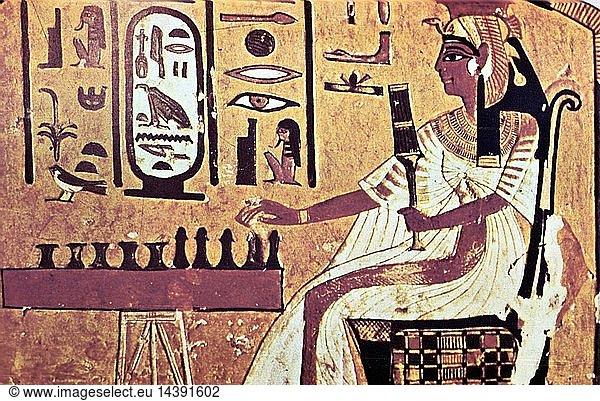 Nefetari  favourite queen of Ramses II (Rameses 1304-12137 BC) seated  playing Senat the Egyptian board game which is forerunner of chess. Her cartouche is highlighted in white. Wall painting from tomb of Nefetari  Thebes.