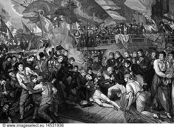 Nelson  Horatio  29.9.1758 - 21.10.1805  brit. Admiral  Tod in der Seeschlacht bei Trafalgar  Kupferstich von James Heath  1811