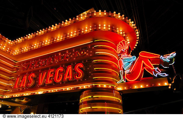 Neon advertising  MGM Grand Hotel  Strip  Las Vegas Boulevard  Las Vegas  Nevada  USA  North America