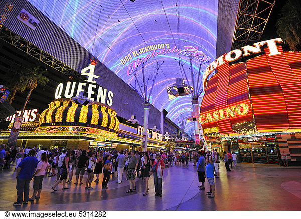 Neon dome of the Fremont Street Experience in old Las Vegas  Casino Hotel 4 Queens  Fremont Casino  downtown Las Vegas  Nevada  United States of America  USA  PublicGround