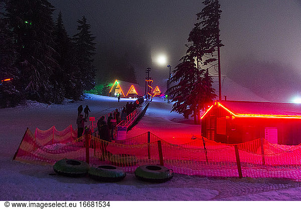 Neon lights on the snowhill at Snow Bowl in Oregon.