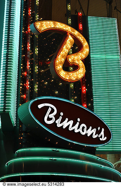 Neon logo of Binion's Horseshoe Gambling Hotel and Casino  Fremont Casino  downtown Las Vegas  Nevada  United States of America  USA  PublicGround