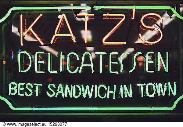 Neon sign Katz's Delicatessen  Manhattan  New York City  USA